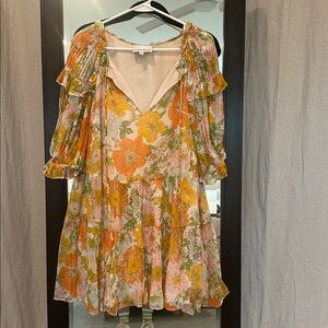 Floral V-Neck Midi Dress in Pink and Orange